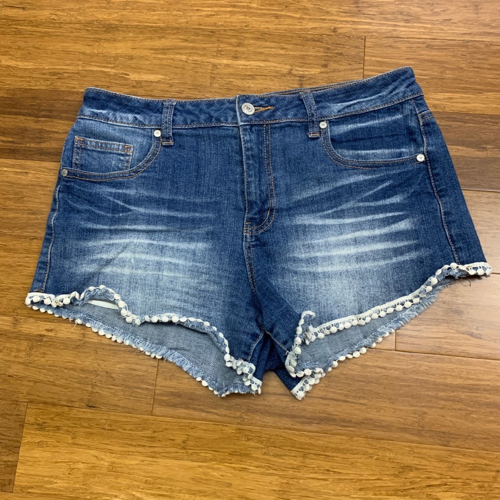 Altar'd State Denim Shorts Womens Size 29 Pom Trim Distressed Blue Jean Shorts